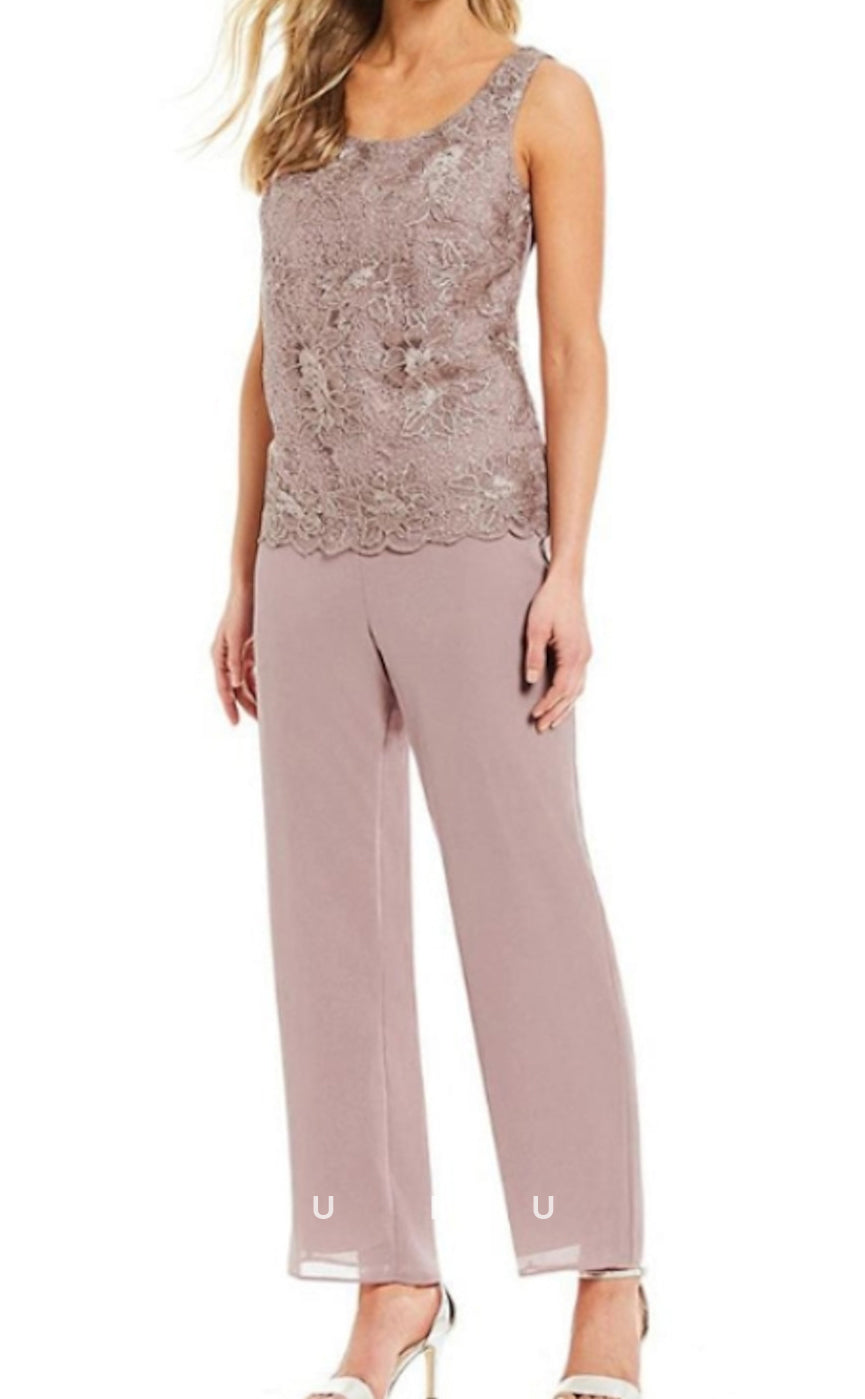GM072 - Pantsuit Plus Size Scoop Neck Floor Length Appliques Chiffon Mother of the Bride Dress