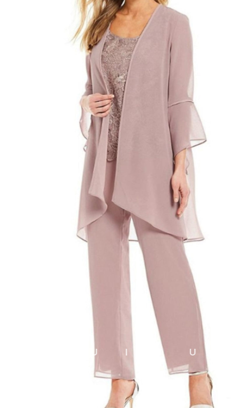 GM072 - Pantsuit Plus Size Scoop Neck Floor Length Appliques Chiffon Mother of the Bride Dress