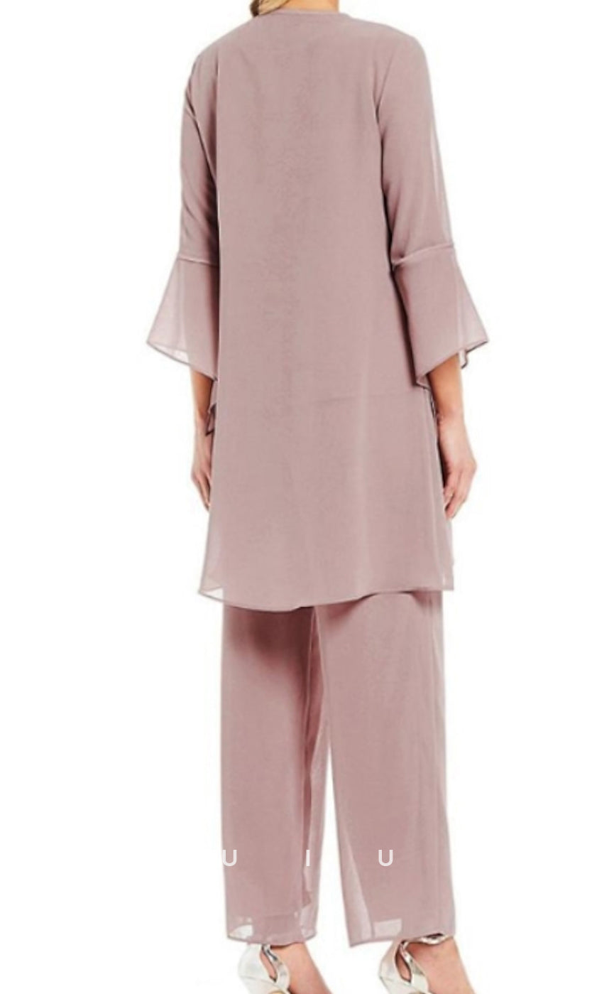 GM072 - Pantsuit Plus Size Scoop Neck Floor Length Appliques Chiffon Mother of the Bride Dress