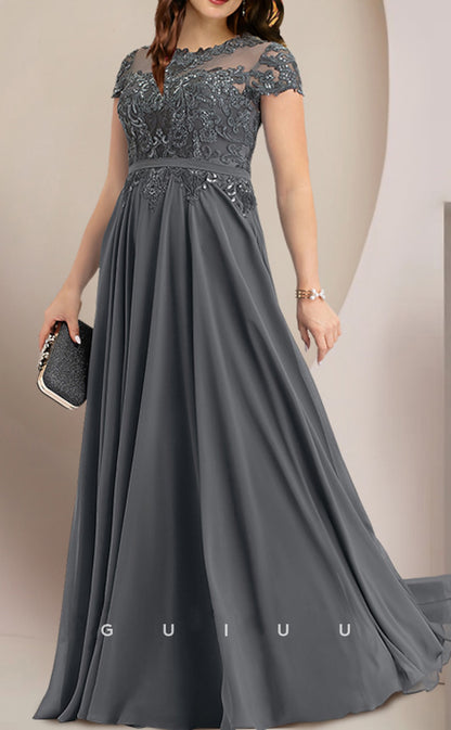 GM045 - Plus Size A-Line Floor Length Short Sleeves Pleated Appliques Chiffon Mother of the Bride Dress