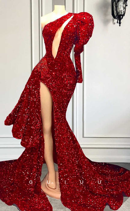 G4579 -  Sexy Mermaid One Shouleder Red Fully Sequined High Side Slit Prom Party Gown with Train