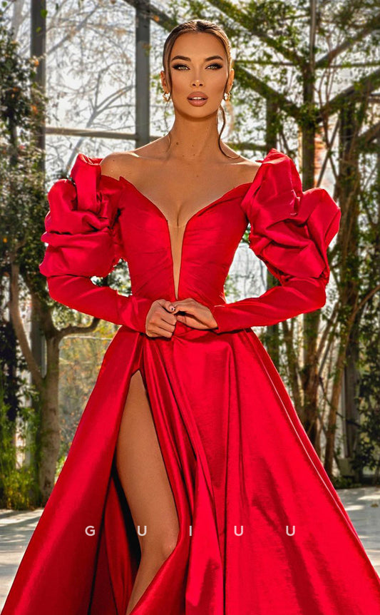 G4670 - Sexy & Hot A-Line V Neck Long Sleeves High Side Slit Red Prom Party Dress with Train