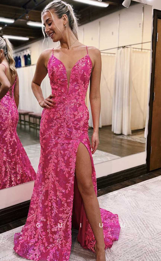 G4557 - Sexy & Hot Deep V Neck Straps Appliques Sequined Lace-Up Prom Party Dress with Slit and Train