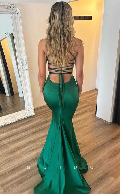 G4450 - Sexy & Hot Mermaid Column Green Stain Strapless Halter Lace-Up Long Sweep Prom Party Dress