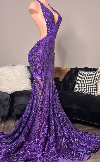 G4578 - Sexy & Hot Mermaid Deep V Neck Halter Fully Sequined Court Train Party Prom Dress