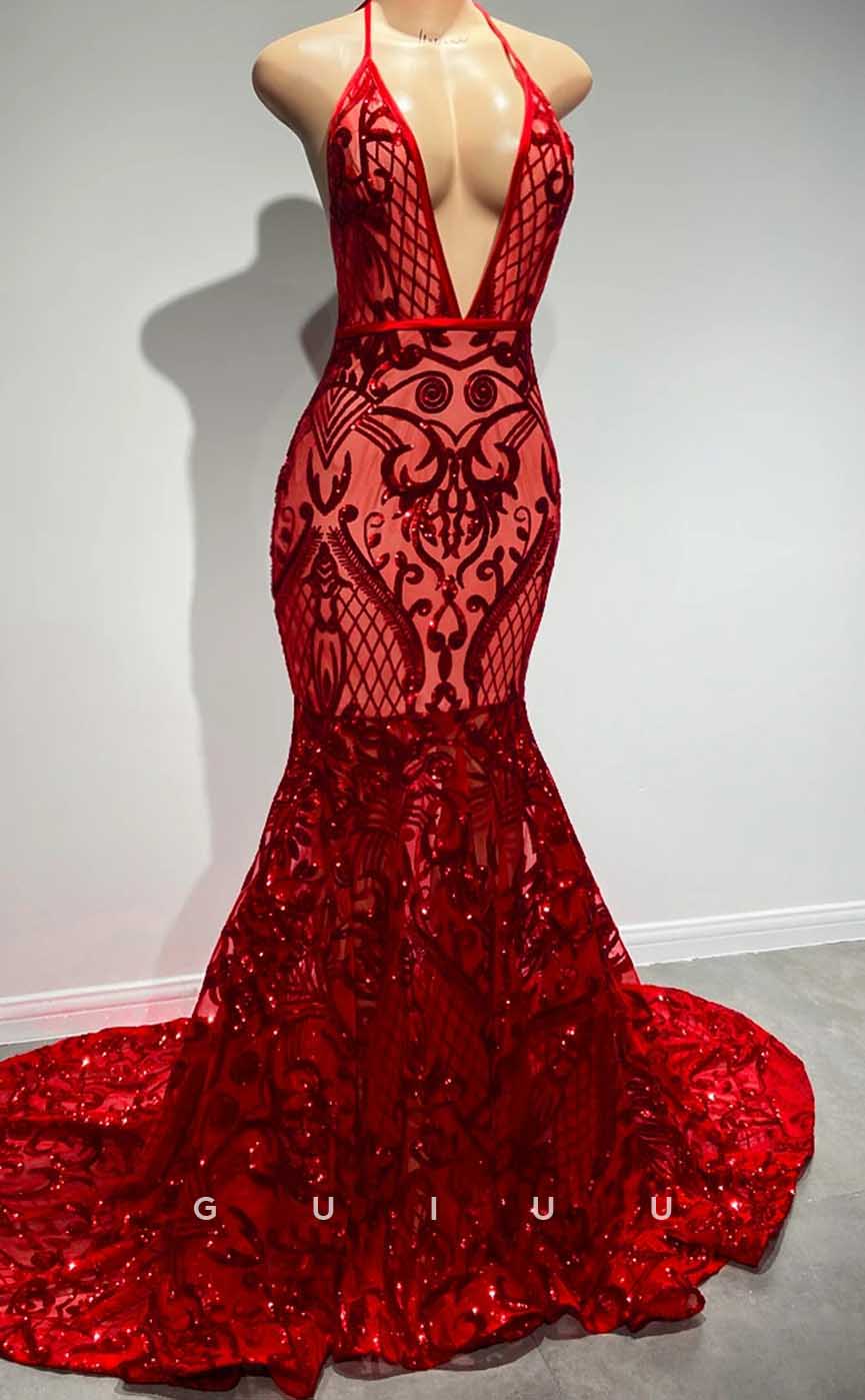 G4585 -  Sexy & Hot Mermaid Deep V Neck Halter Fully Sequined Prom Party Dress with Train