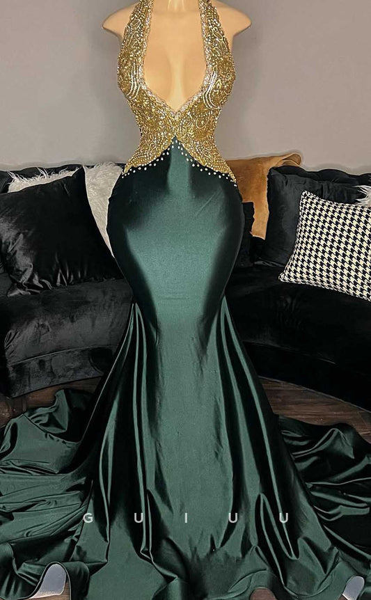 G4575 - Sexy & Hot Mermaid Deep V Neck Halter Sleeveless Beaded Open Back Prom Evening Gown with Court Train