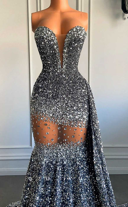 G4594 - Sexy & Hot Mermaid Deep V Neck Sleeveless Strapless Fully Sequined Prom Party Dress with Court Train