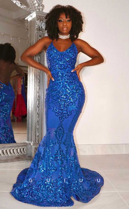 G4561 - Sexy & Hot Mermaid Halter V Neck Fully Sequined Party Prom Dress with Train for Black Girl Slay