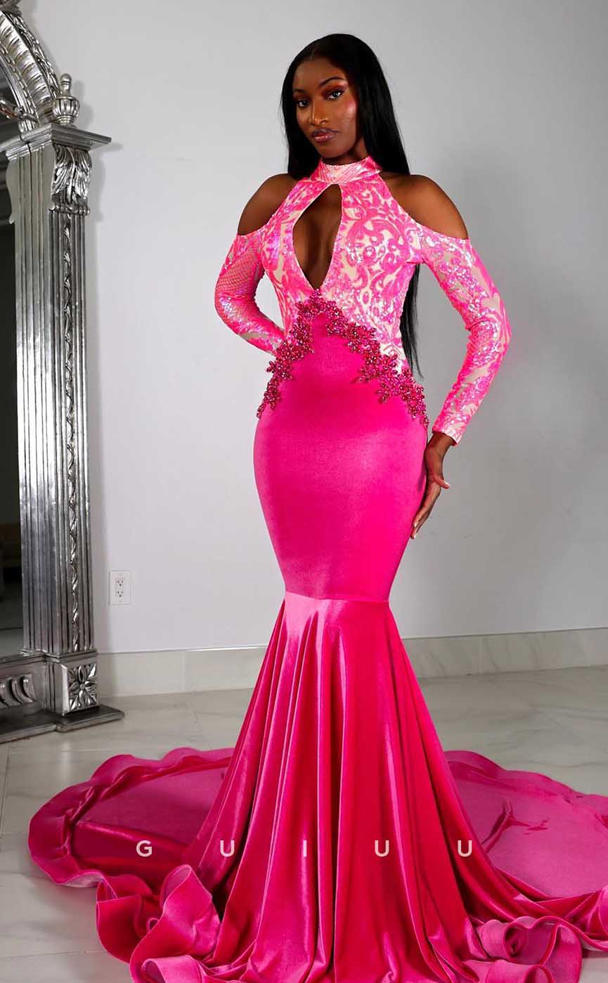 G4573 - Sexy & Hot Mermaid High Neck Long Sleeves Appliques Hot Pink Velvet Court Train Prom Party Dress for Black Girl Slay