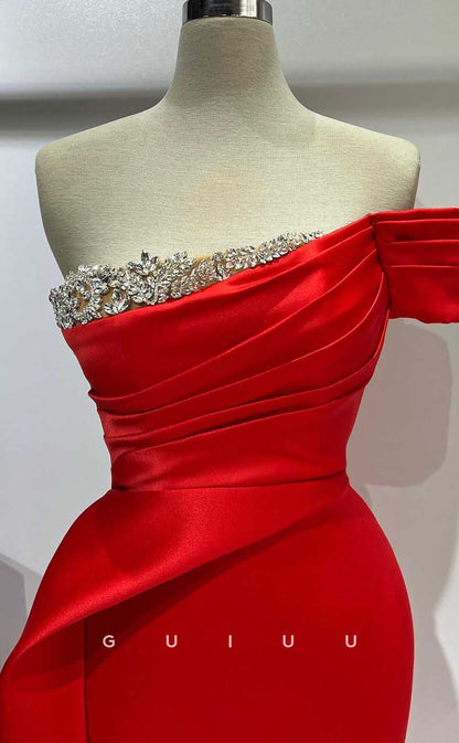 G4545 -  Sexy & Hot Mermaid One Shoulder Crystal Red Stain Pleats Prom Party Dress