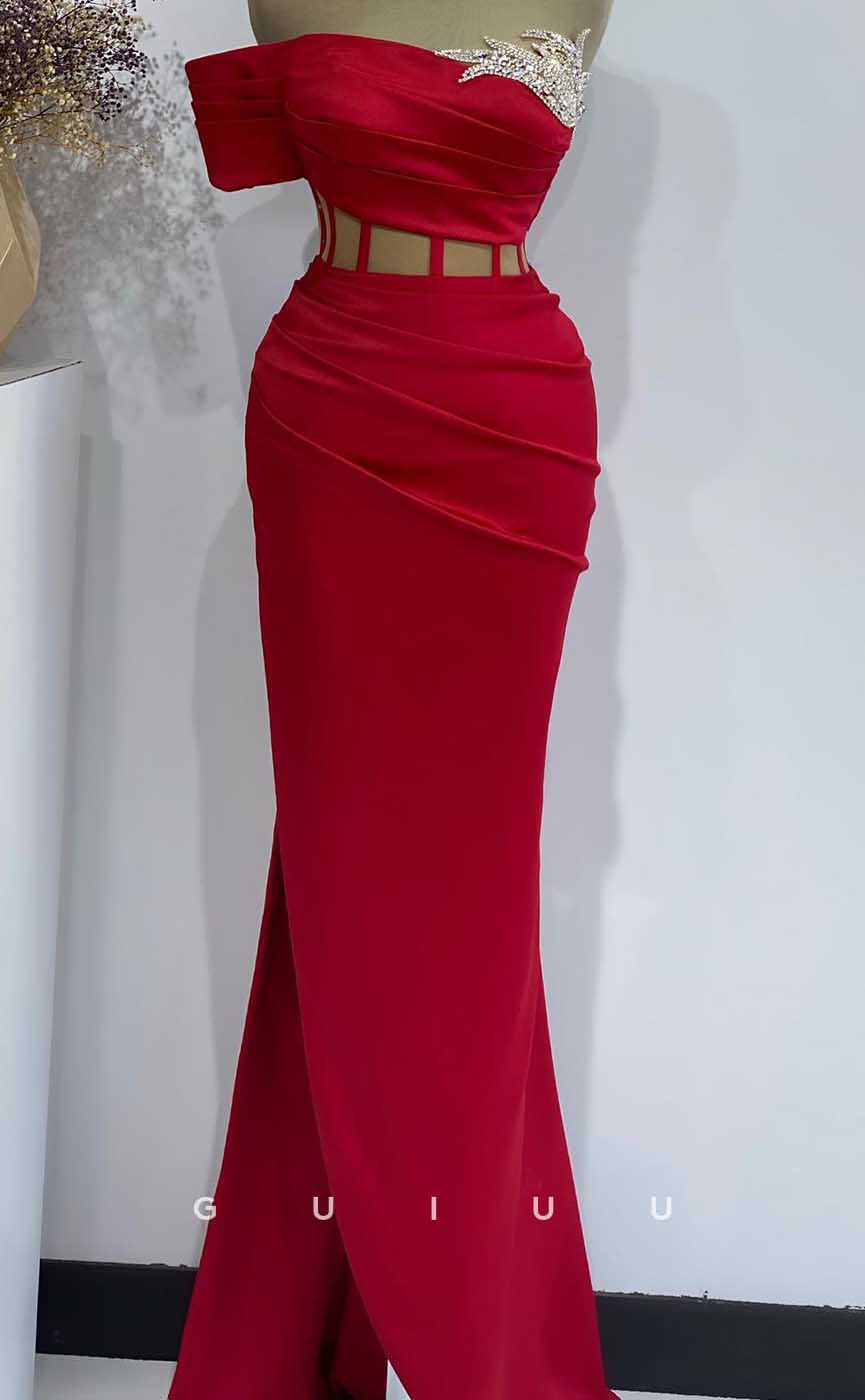 G4542 - Sexy & Hot Mermaid One Shoulder Illsion Red Stain Pleats Crystal Prom Dress with Slit