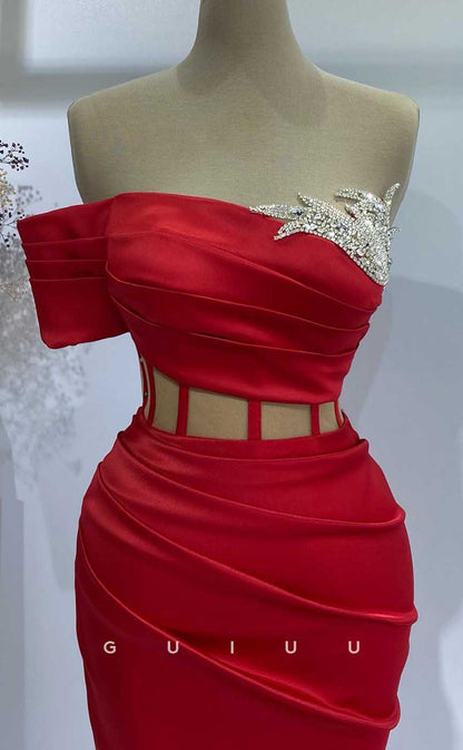 G4542 - Sexy & Hot Mermaid One Shoulder Illsion Red Stain Pleats Crystal Prom Dress with Slit