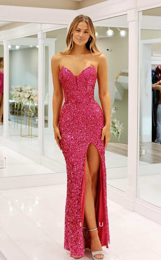 G4538 - Sexy & Hot Mermaid Strapless Sleeveless Hot Pink Sequined Prom Party Dress with Slit