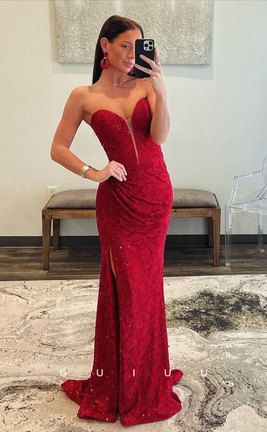 G4556 -  Sexy & Hot Mermaid Strapless Sleeveless Pleats PromParty Dress with Slit and Train