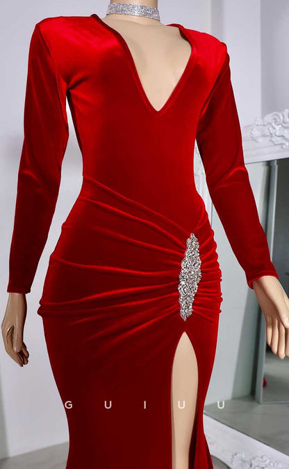 G4571 - Sexy & Hot Mermaid V Neck Long Sleeves Red Velvet Pleats High Side Slit Prom Evening Dress with Train