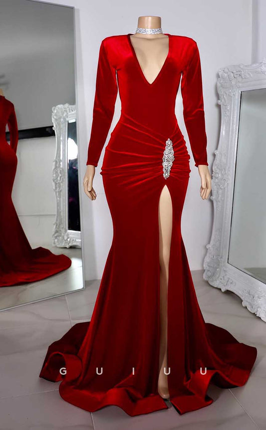 G4571 - Sexy & Hot Mermaid V Neck Long Sleeves Red Velvet Pleats High Side Slit Prom Evening Dress with Train