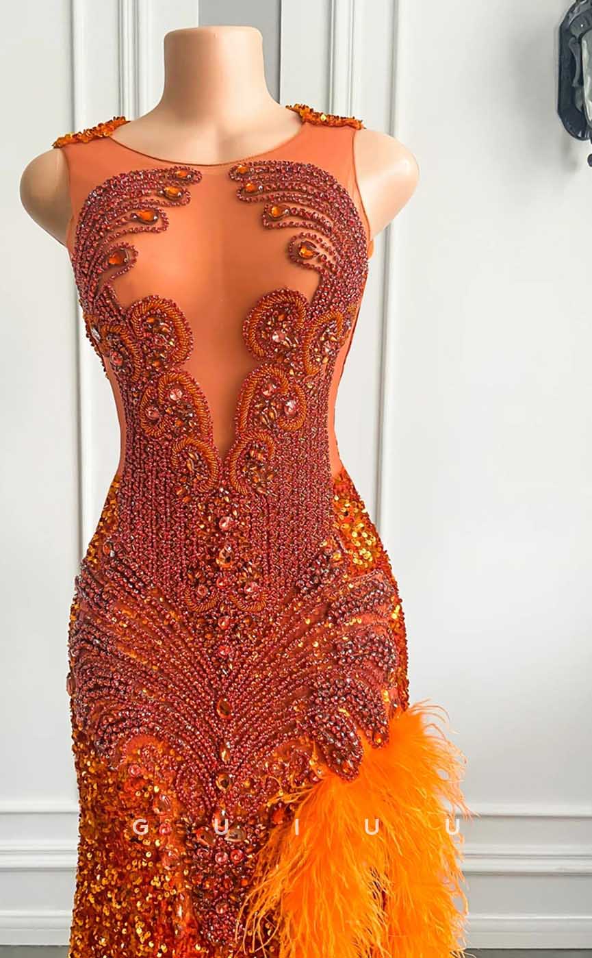 G4581 - Sexy & Hot Mermaid V Neck Sleeveless Orange Fully Sequined Feather Slit and Court Train Prom Party Dress for Black Girl Slay