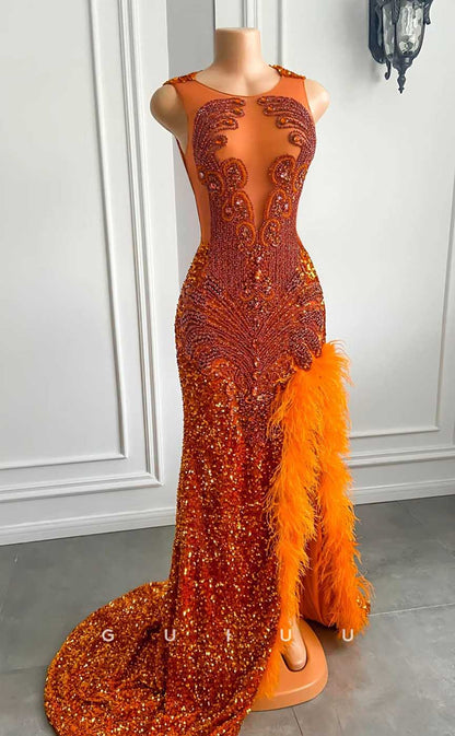 G4581 - Sexy & Hot Mermaid V Neck Sleeveless Orange Fully Sequined Feather Slit and Court Train Prom Party Dress for Black Girl Slay