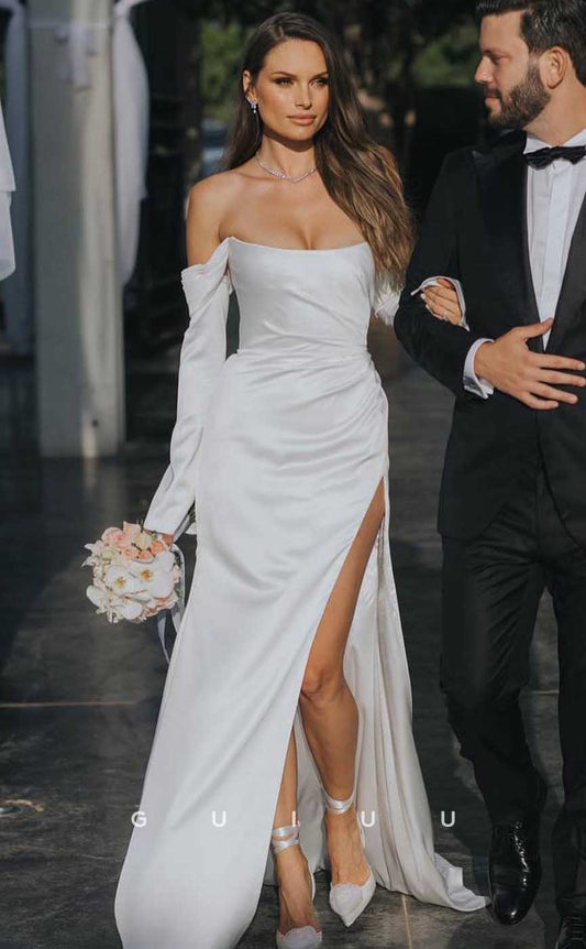 GW831 - Sexy & Hot Off-Shoulder Long Sleeves Open Back Stain Mermaid Wedding Dress with High Side Slit and Court Train