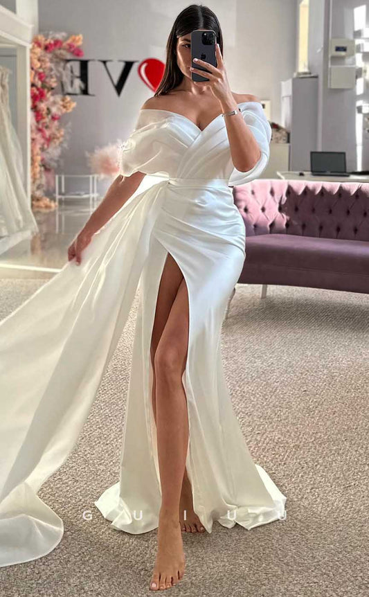 GW816 - Sexy & Hot Off-Shoulder Ruched Stain  Wedding Dress with High Side Slit and Court Train
