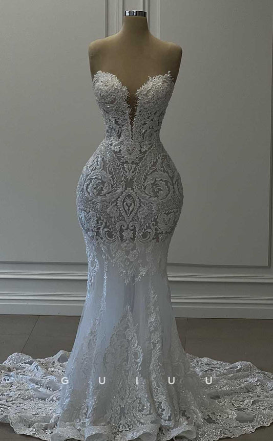 GW847 - Sexy & Hot Strapless Sleeveless Appliques Lace Beach Wedding Dresss with Court Train