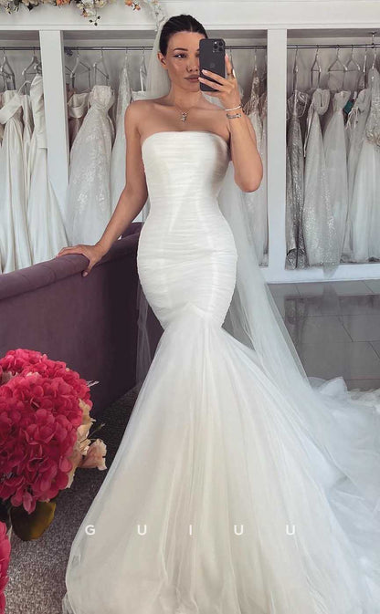 GW819 - Sexy & Hot Strapless Sleeveless Ruched Mermaid Beach Wedding Dress with Court Train