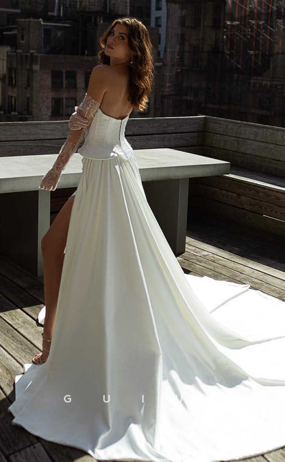 GW835 -  Sexy & Hot Strapless Stain Pleated Long Sleeves Mermaid Beach Wedding Dress