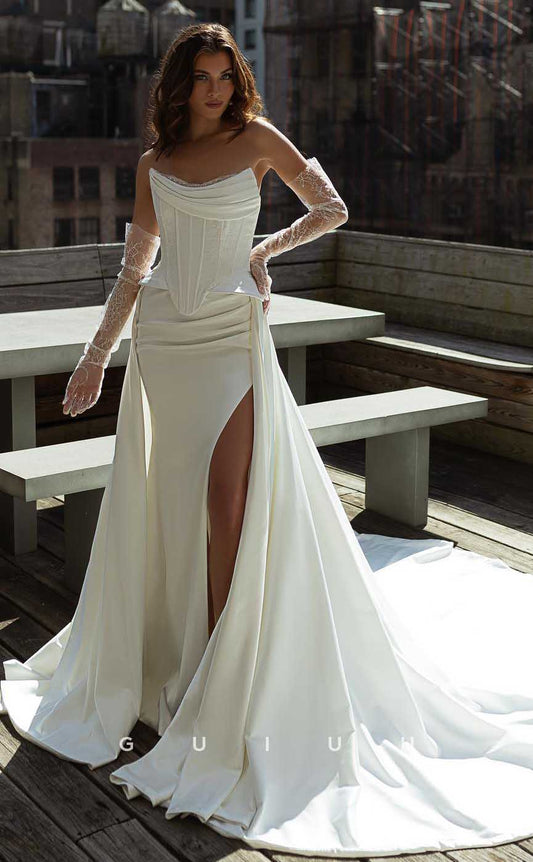 GW835 -  Sexy & Hot Strapless Stain Pleated Long Sleeves Mermaid Beach Wedding Dress
