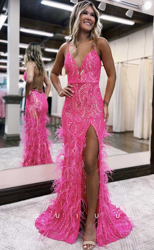 G4623 - Sexy & Hot V Neck Straps Sleeveless High Side Slit Prom Party Dress with Feather for Black Girl Slay