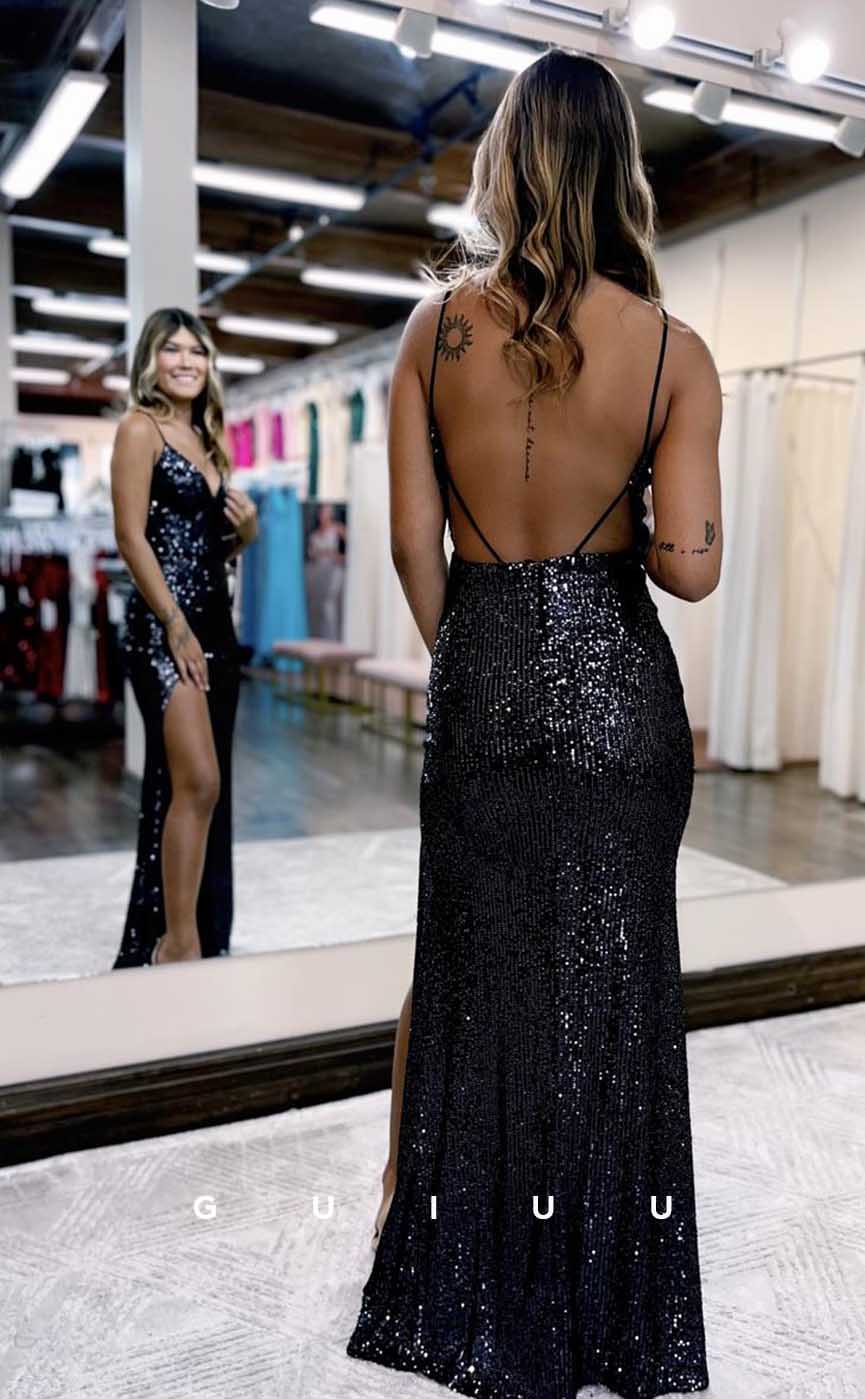 G4401 - Sexy & Hot Column Straps Spandex Open Back Prom Evening Dress with Slit