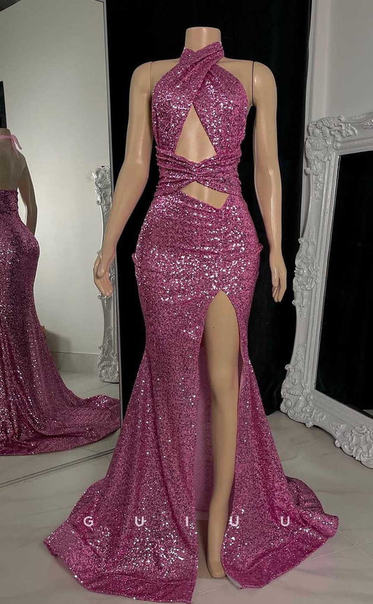 G4562 - Sheath Fully Sequined High Side Slit Backless Prom Party Dress with Train for Black Girl Slay