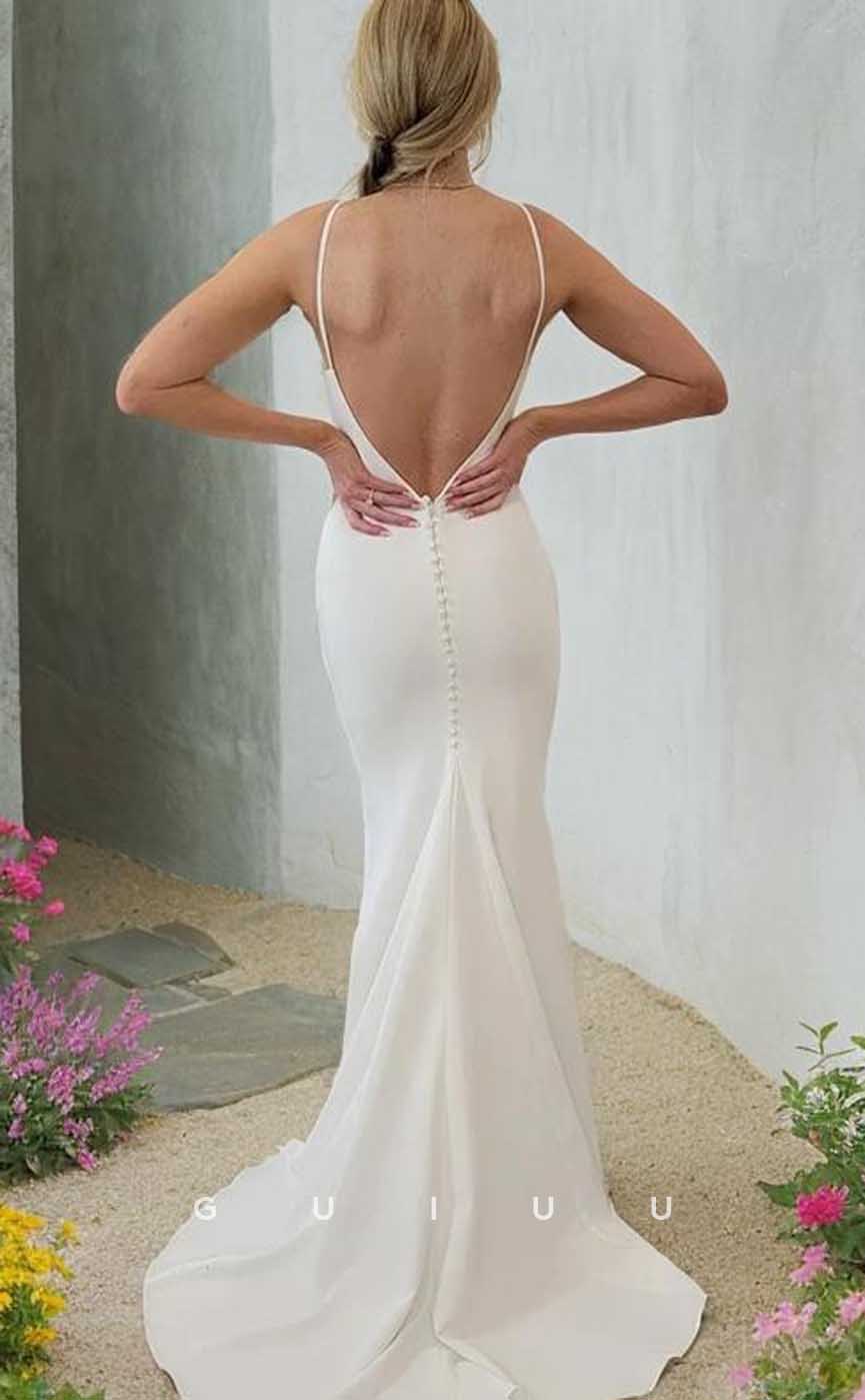 GW916 - Elegant Sheath High Neck Sweep Sleeveless Backless Beach Wedding Dress with Trai