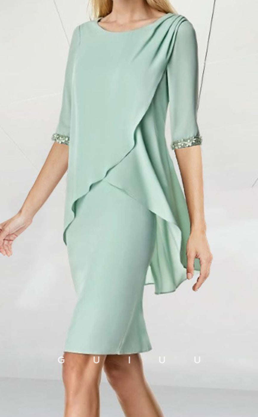 GM080 - Sheath Jewel Neck Half Sleeves Knee Length Ruffles Chiffon Mother of the Bride Dress