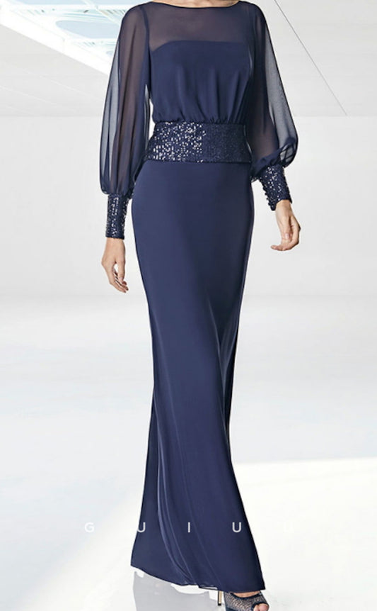 GM097 - Sheath Jewel Neck Long Sleeves Floor Length Sequined Chiffon Mother of the Bride Dress