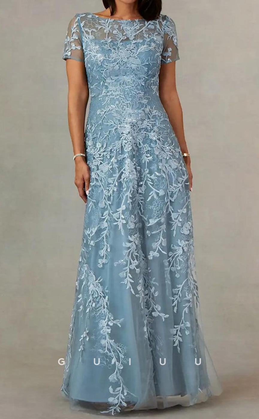 GM107 - Sheath Jewel Neck Short Sleeves Floor Length Fully Appliqued Tulle Mother of the Bride Dress