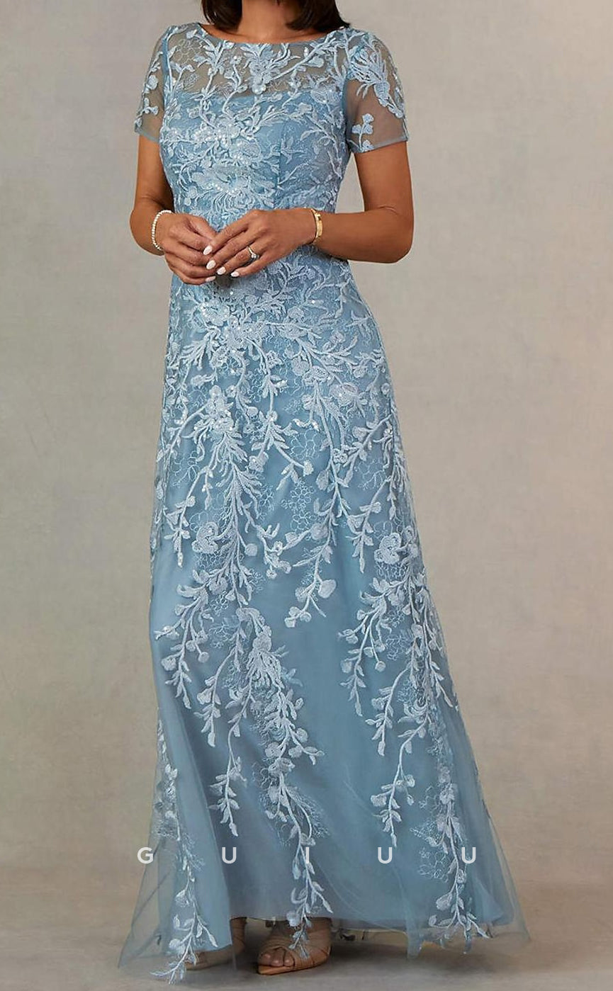 GM107 - Sheath Jewel Neck Short Sleeves Floor Length Fully Appliqued Tulle Mother of the Bride Dress