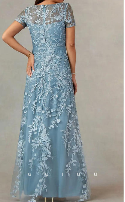 GM107 - Sheath Jewel Neck Short Sleeves Floor Length Fully Appliqued Tulle Mother of the Bride Dress
