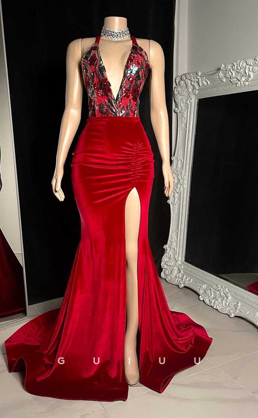 G4563 - Sheath Mermaid Deep V Neck Halter Sequined Red Velet Pleats Prom Party Dress with Slit and Train