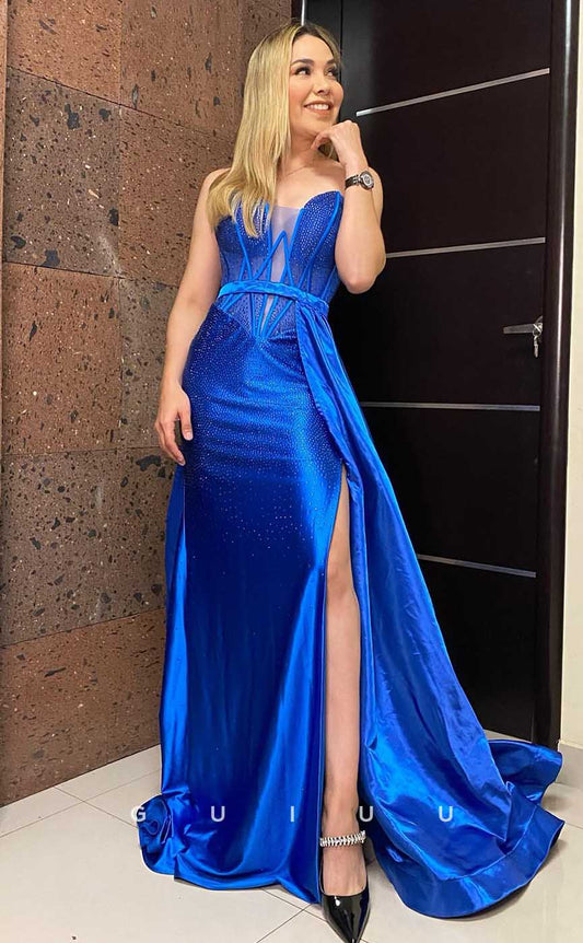 G4529 -  Sheath Mermaid Strapless Beaded Blue Sleeveless Prom Party Dress with Slit and Train