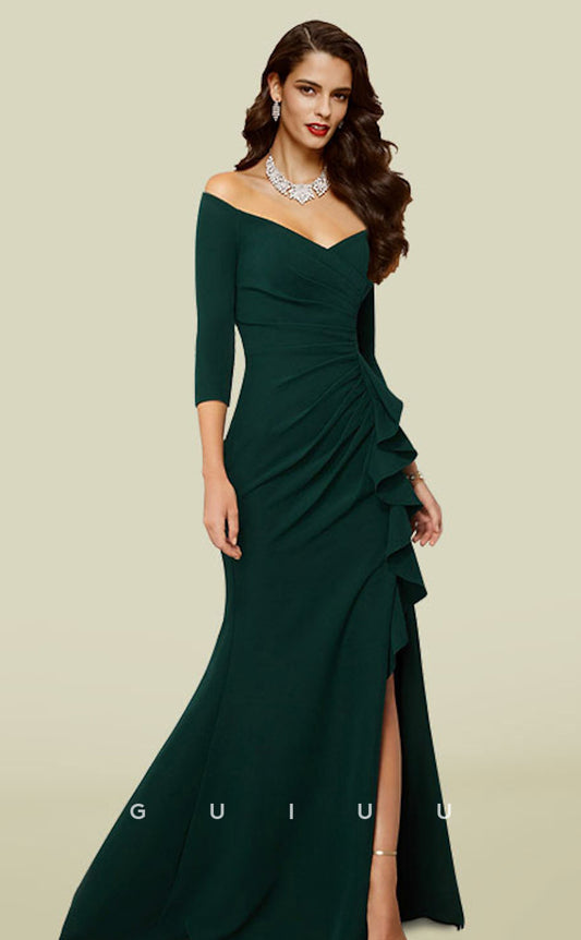 GM022 - Sheath Off Shoulder 34Length Sleeves Pleated Mother of the Bride Dress Wedding Guest Gown