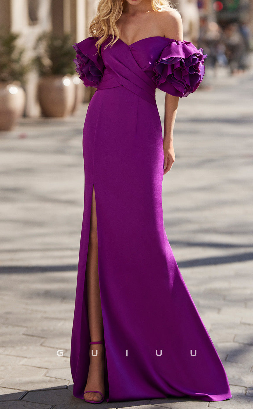 GM226 - Sheath Off Shoulder Dark Purple Stain Long Cocktail Dress with High Side Slit