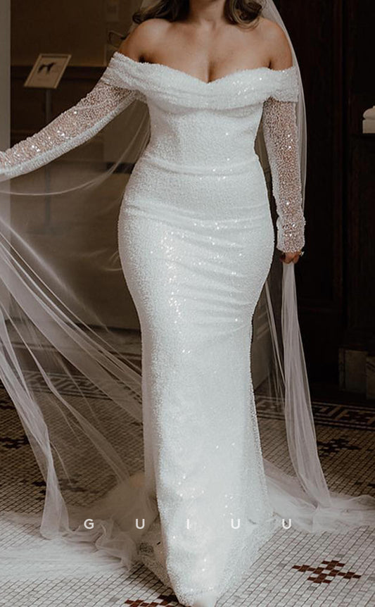 GW961 - Sheath Off Shoulder Long Sleeves Fully Sequines Wedding Dress