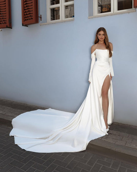 GW927 -  Sheath Off Shoulder Long Sleeves Stain Wedding Dress with High Side Slit and Court Train