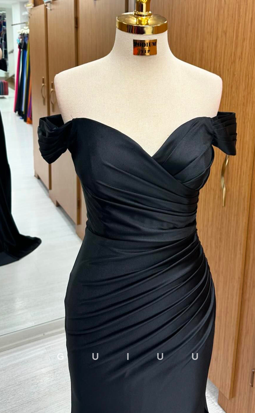 G4588 -  Sheath Off Shoulder Strapless Black Stain Pleated Long Prom Dress