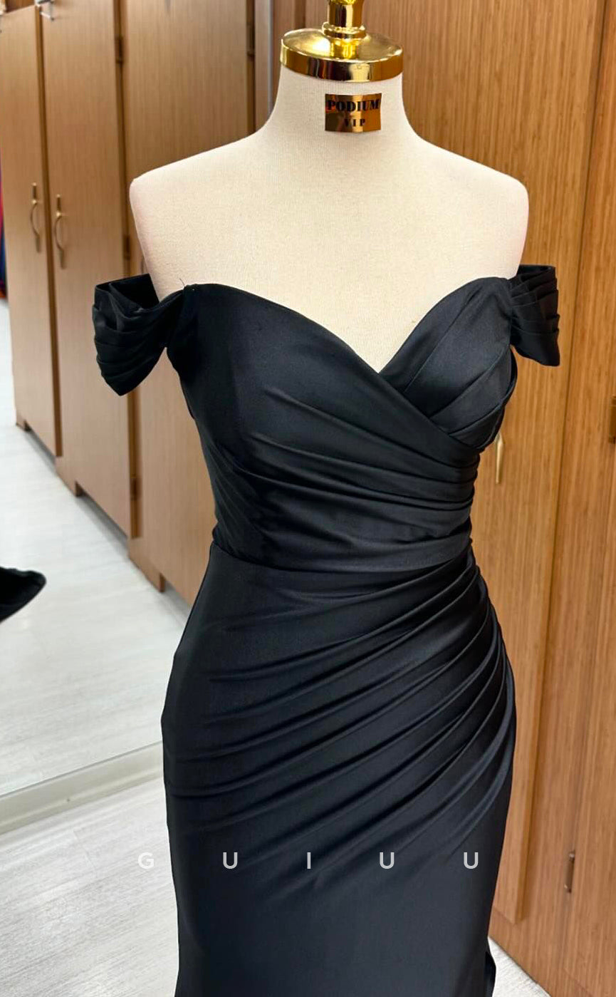 G4588 -  Sheath Off Shoulder Strapless Black Stain Pleated Long Prom Dress