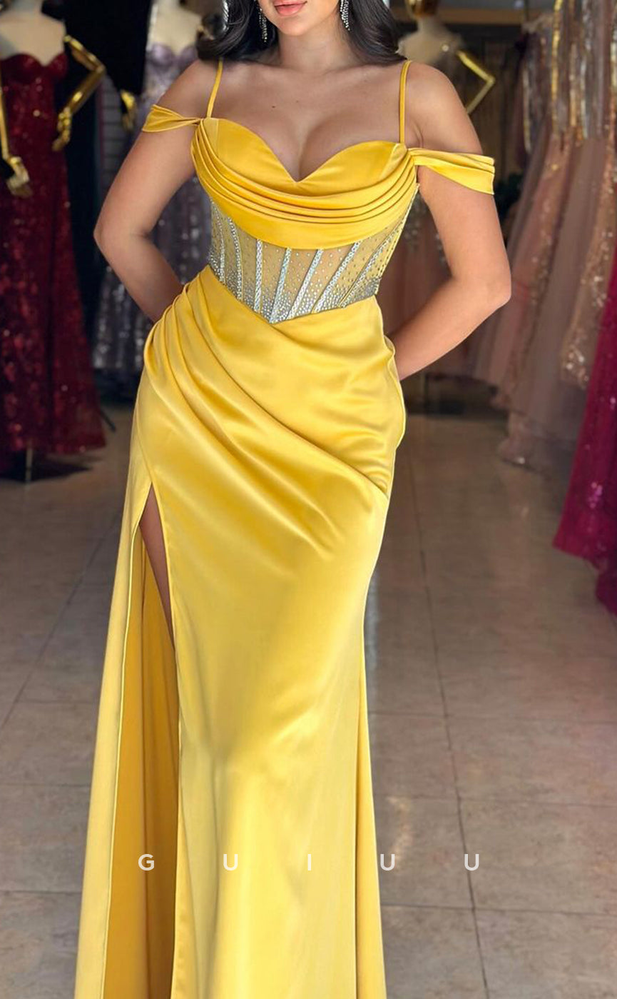 G3781 - Sheath Off Shoulder Yellow Pleated High Slit Long Prom Dress