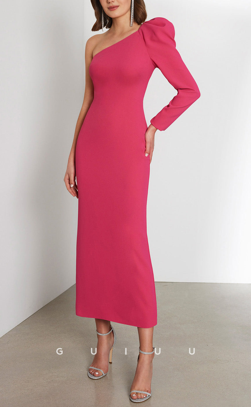 GM206 - Sheath One Shoulder Long Sleeves Tea Length Back Zipper Cocktail Dress Wedding Guest Dress