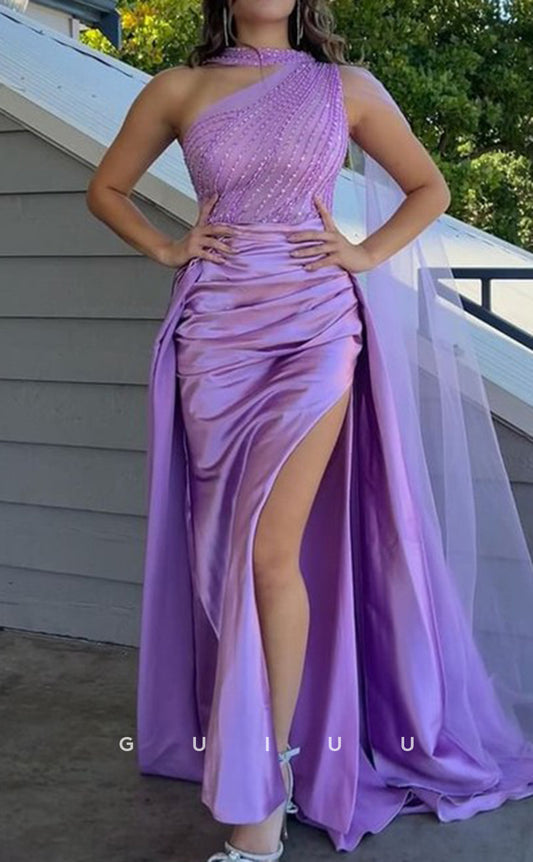 G3769 - Sheath One Shoulder Pleated Ruched Long Prom Dress with Overlay and High Side Slit