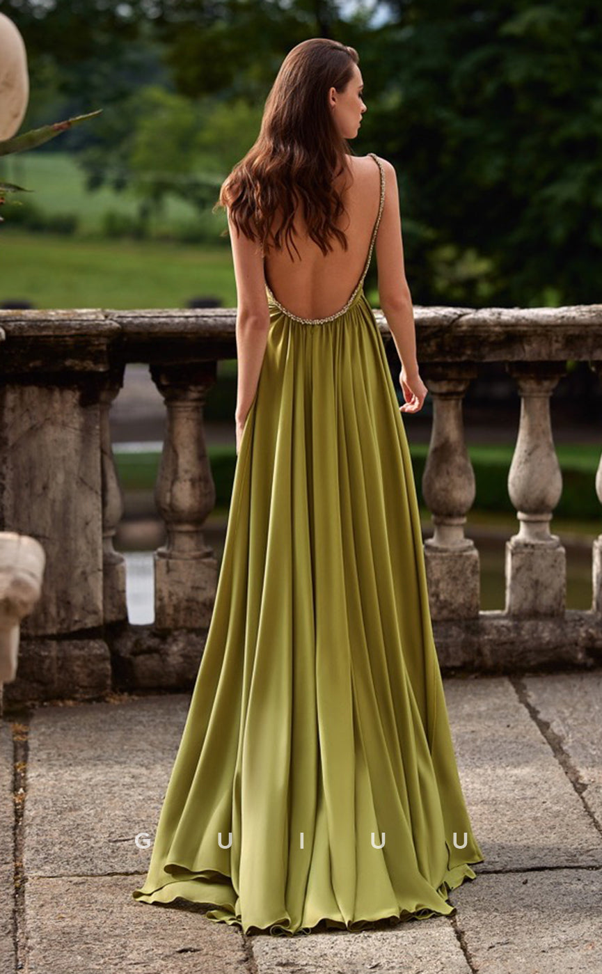 G4679 -  Sheath One Shoulder Straps Sleeveless Backless Prom Party Dress with Train and Slit